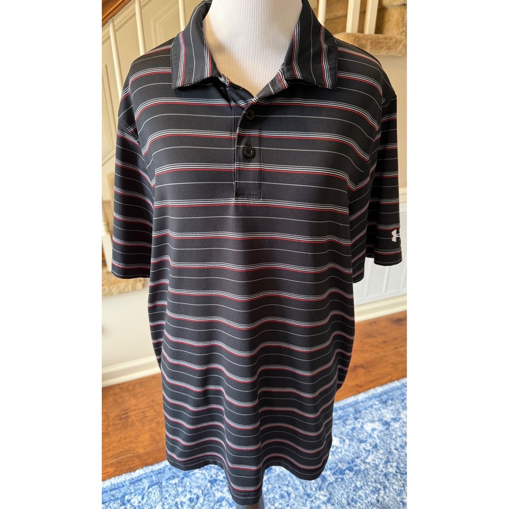 Under Armour Mens HeatGear Polo Shirt Large Black Red White Striped Golf Top